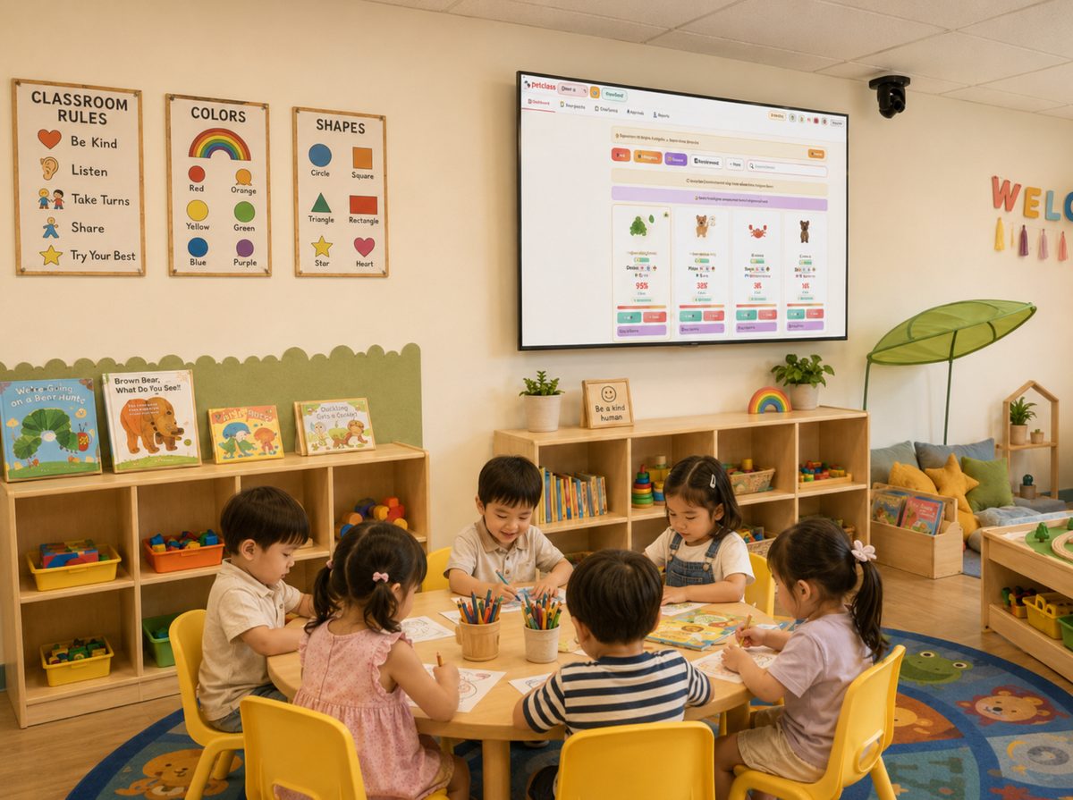 PetClass classroom points app on the screen in an early-years classroom