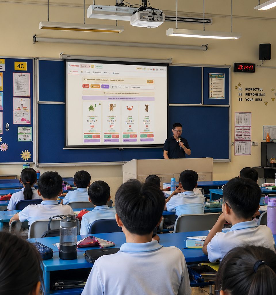 Teacher using the PetClass reward system on the board in a primary classroom